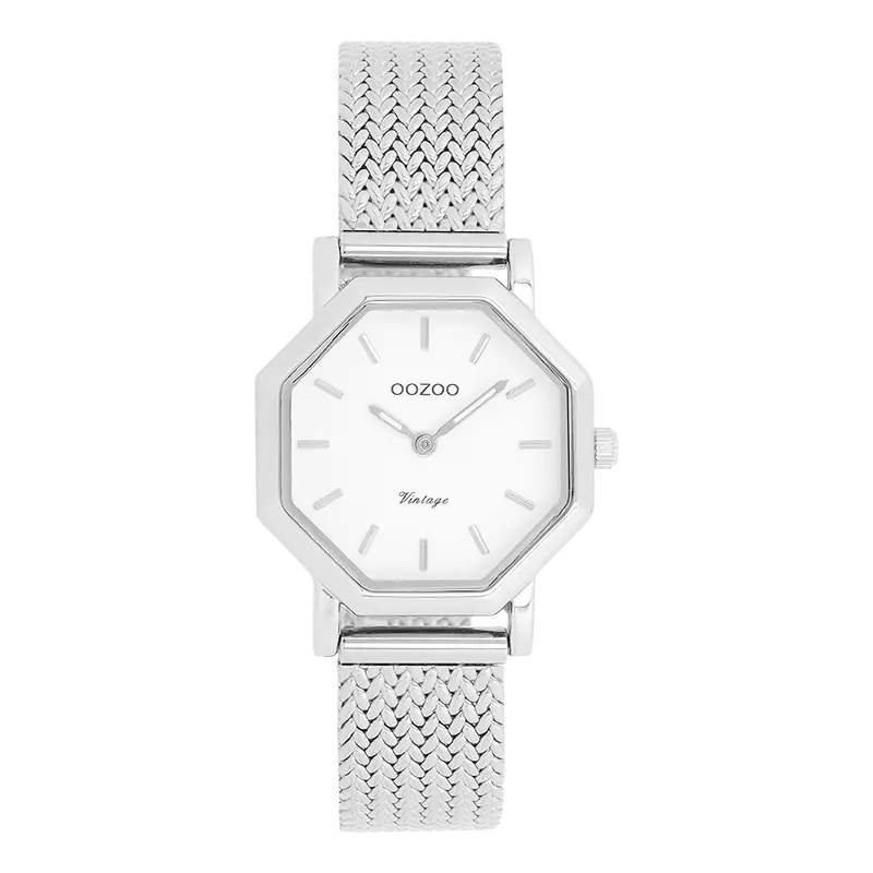 Zilverkleurige horloge met metalen v-mesh armband - C20435 (28mm)