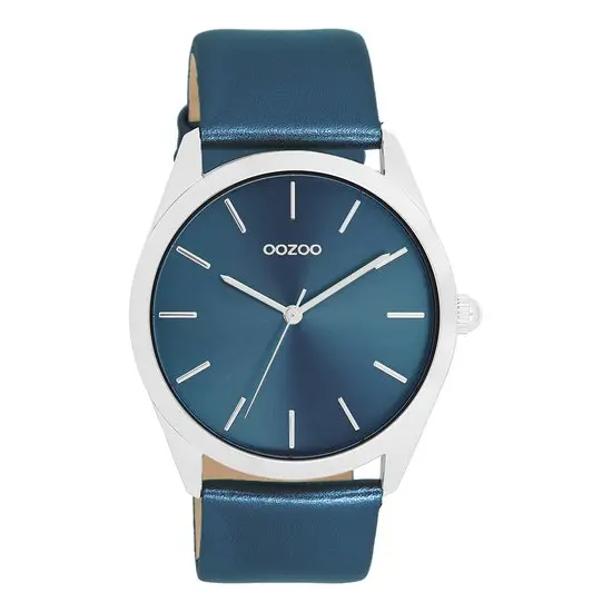 Zilverkleurige OOZOO horloge met blauwe leren band - C11337 (40mm)
