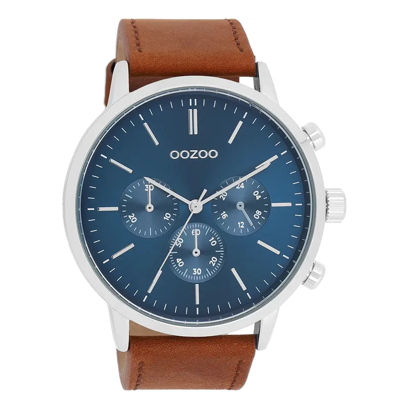 Zilverkleurige OOZOO horloge met bruine leren band - C11200 (50mm)
