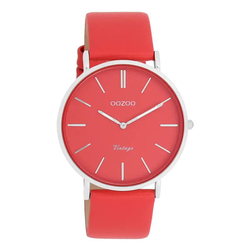 Zilverkleurige OOZOO horloge met chili peper rode leren band - C20324 (40mm)