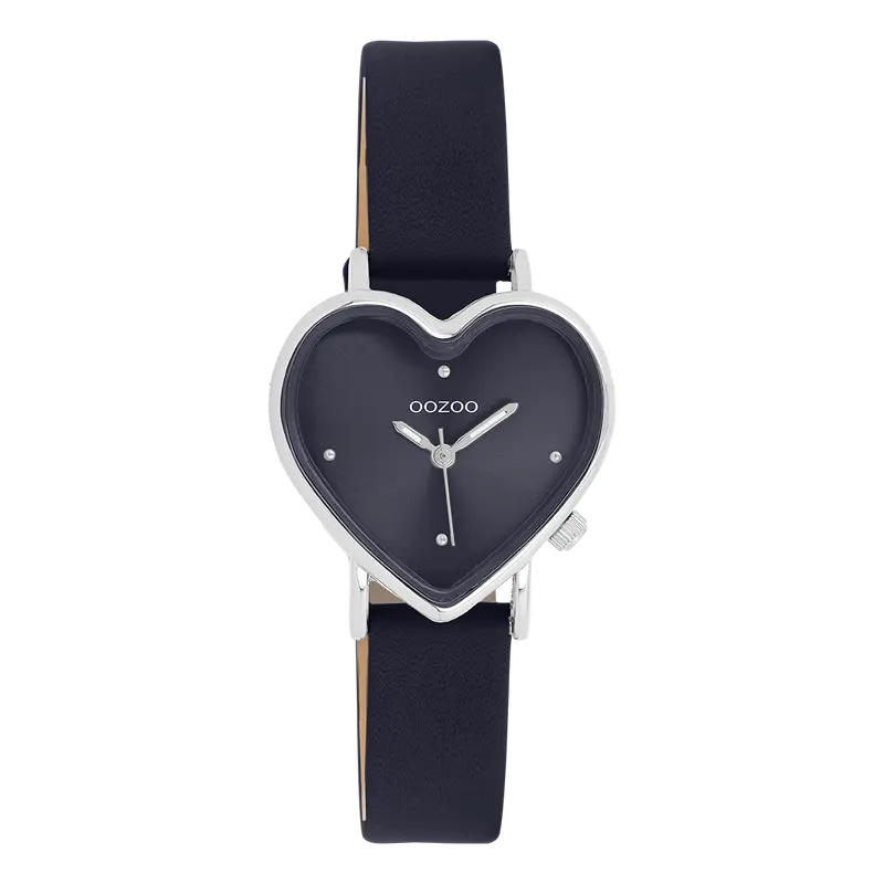 Zilverkleurige OOZOO horloge met donker blauwe leren band - C11449 (28mm)
