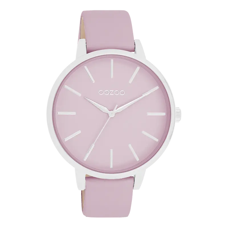 Zilverkleurige OOZOO horloge met lila leren band - C11361 (42mm)