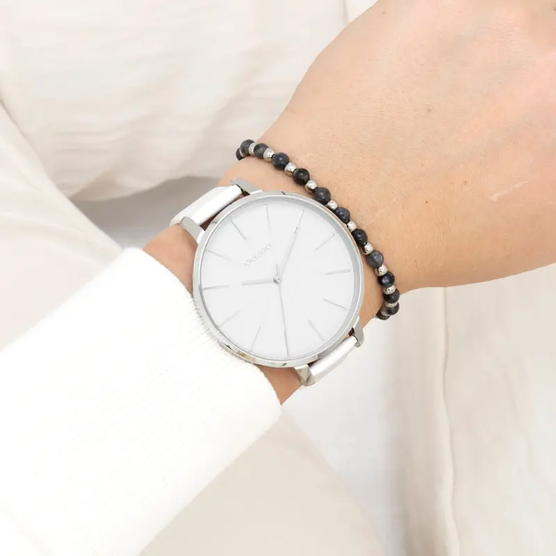 Zilverkleurige OOZOO horloge met witte leren band - C11345 (48mm)