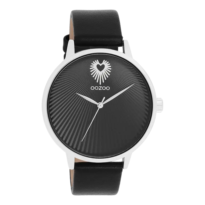 Zilverkleurige OOZOO horloge met zwarte leren band - C11241 (42mm)