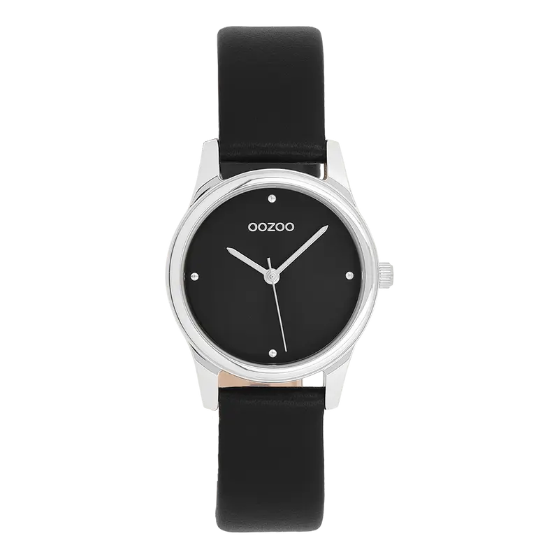 Zilverkleurige OOZOO horloge met zwarte leren band - C11628 (28mm)
