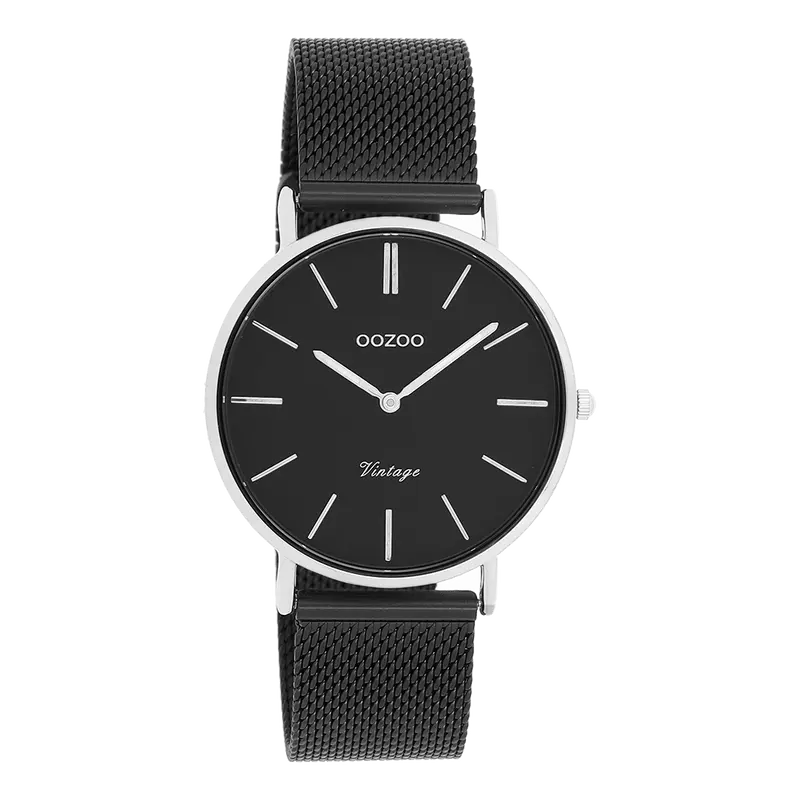 Zilverkleurige OOZOO horloge met zwarte metalen mesh armband -C8866 (36mm)