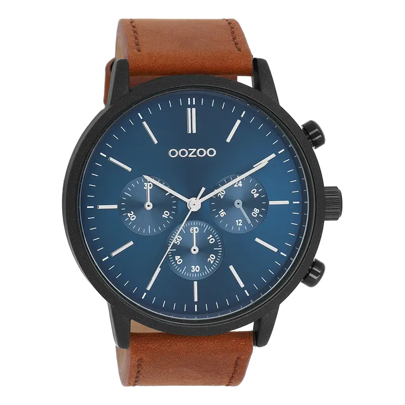 Zwarte OOZOO horloge met bruine leren band - C11202 (50mm)